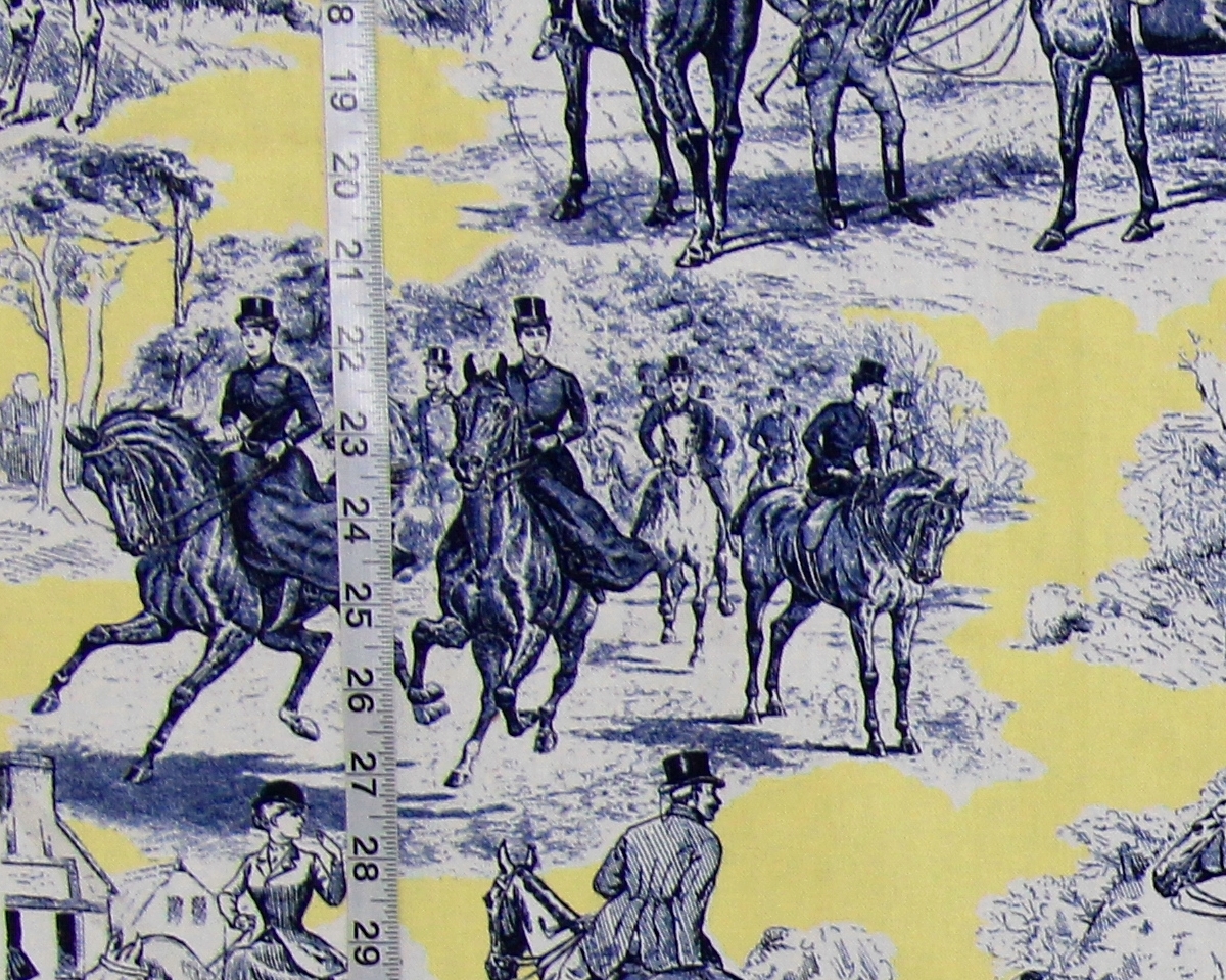 Yellow blue equestrian horse fabric Victorian toile